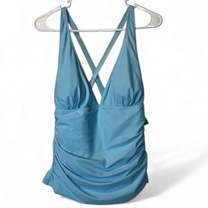 2 pc  Beachsissi Tankini Powder Blue Floral Print Bottom Solid Ruched Top Sz L